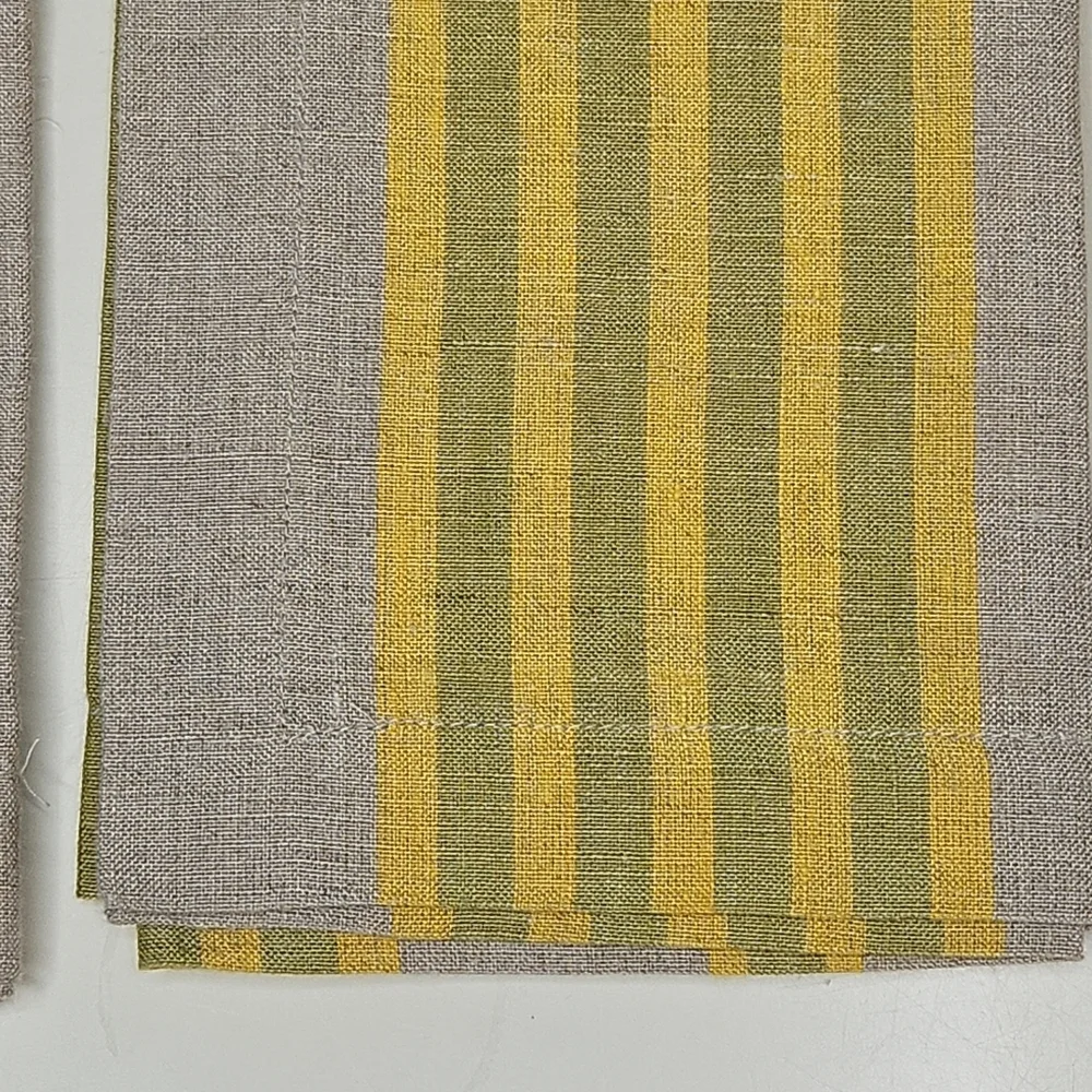 Williams Sonoma Set/4 100% Linen Dinner Napkins Neutral Tan Yellow Green Stripe